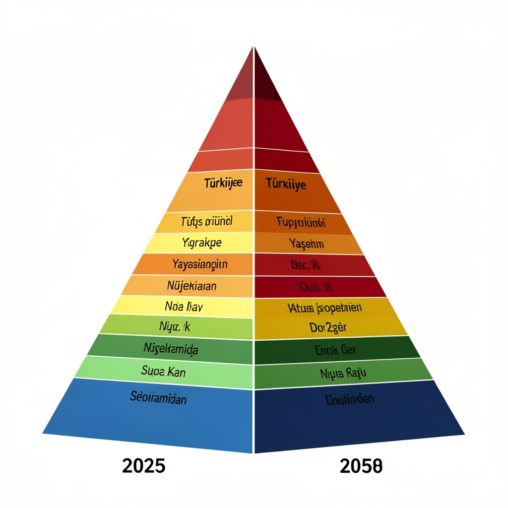Türkiye nüfus piramidi 2025 ve 2050 projeksiyon karşılaştırması, yaşlanan nüfus yapısını gösteren renkli demografik grafik