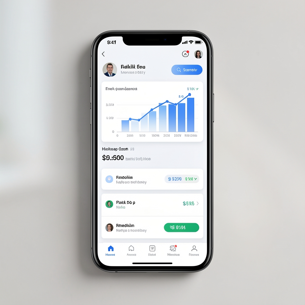 Modern akıllı telefon ekranında emeklilik fonu yönetim uygulaması arayüzü, fintech mobil uygulama tasarımı, grafikler ve hesap özeti