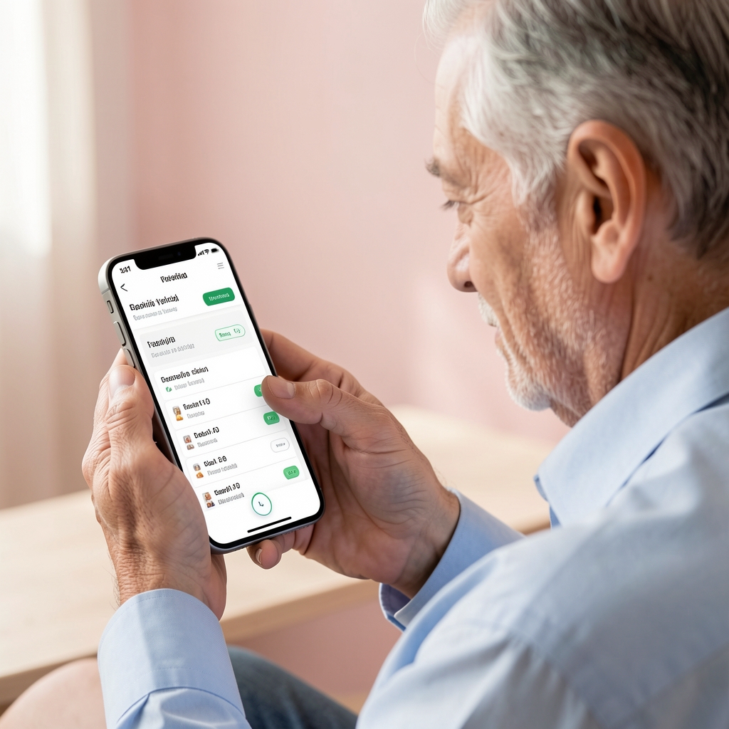 Modern akıllı telefondan emeklilik uygulaması kullanan orta yaşlı bir kişi, dijital finans ve emeklilik yönetimi, pastel arka plan