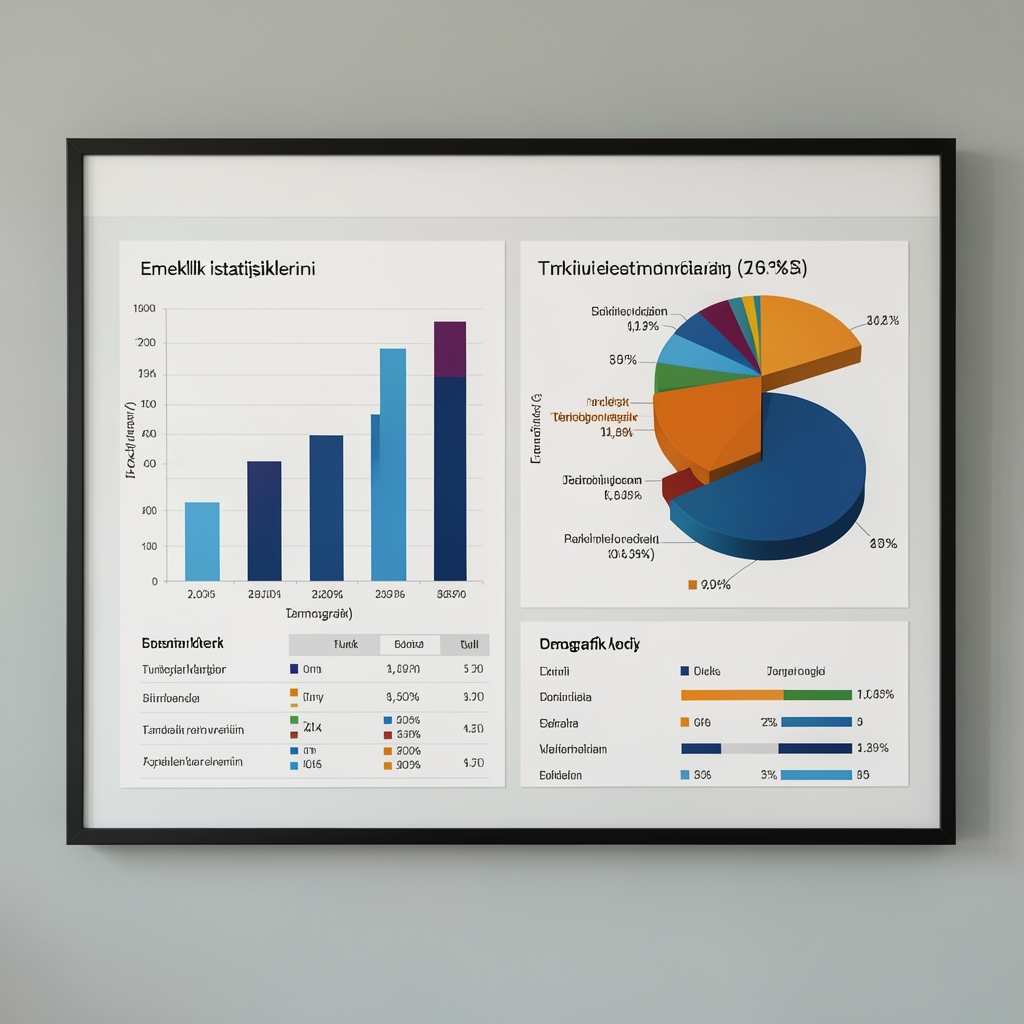 Emeklilik istatistiklerini gösteren detaylı veri panosu, çubuk ve pasta grafikleri, Türkiye demografik verileri