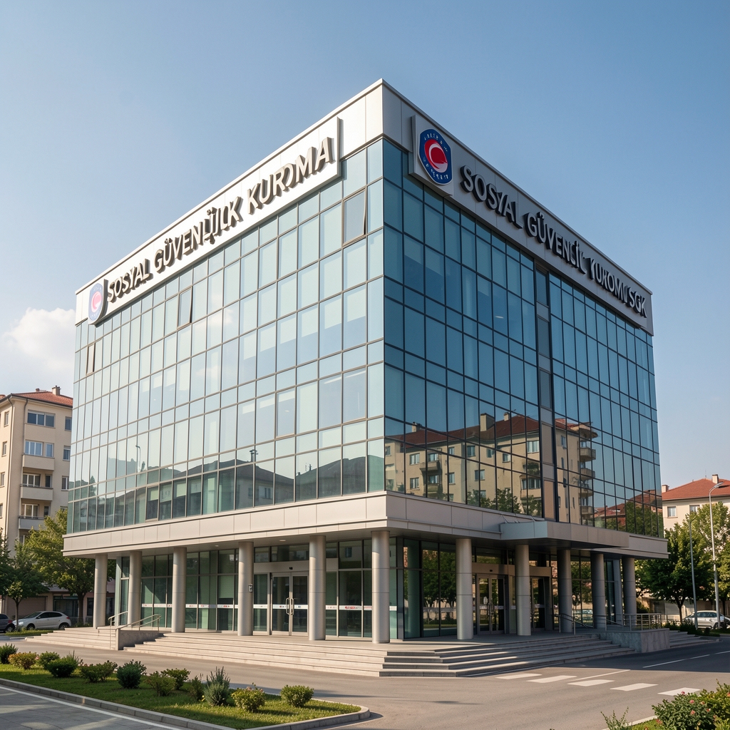 Türkiye Sosyal Güvenlik Kurumu SGK genel müdürlük binası dış cephe görünümü, modern cam kaplama bina, Ankara güneşli gün